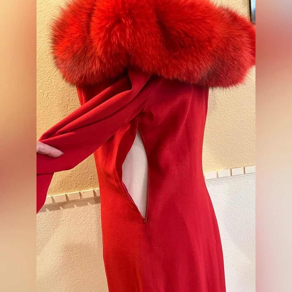 Vintage off-shoulder cocktail dress w/ fur trim. Fitted, lined, midi. Red. 10 - Picture 9 of 16